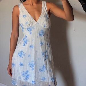 Altar'd State White Dress with Faint Blue Floral Accent